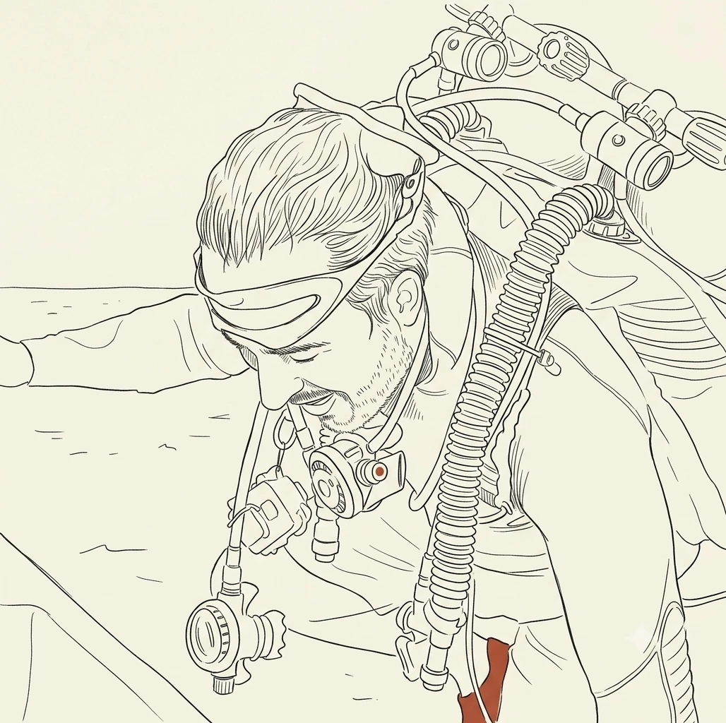Javier Salas surfacing from a technical dive at Banco Chinchorro — single-line ink illustration.